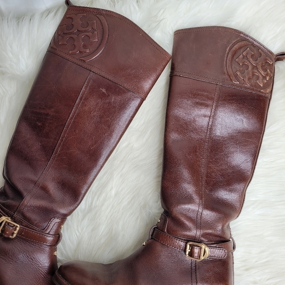 Tory Burch Brown Leather Logo Boots - Picture 9 of 13